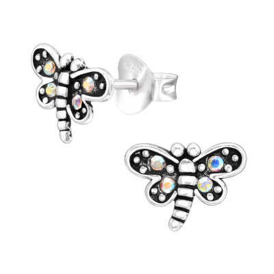 Children's Silver Dragonfly Ear Studs with Crystal