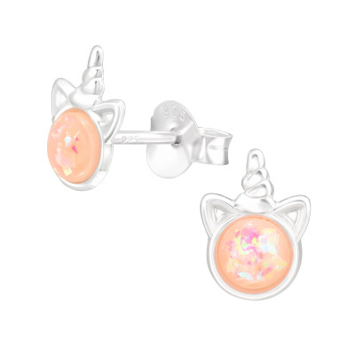 Children's Silver Unicorn Ear Studs with Imitation Opal