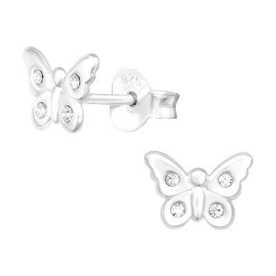 Children's Silver Butterfly Ear Studs with Crystal