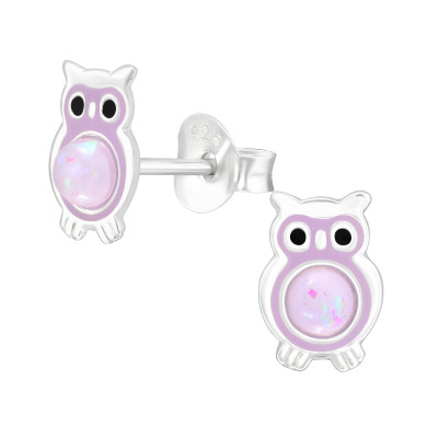 Children's Silver Owl Ear Studs with Imitation Opal and Epoxy