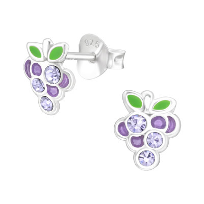 Children's Silver Grapes Ear Studs with Crystal and Epoxy