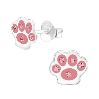 Children's Silver Paw Print Ear Studs with Crystal and Epoxy