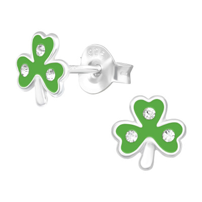 Children's Silver Clover Ear Studs with Crystal and Epoxy