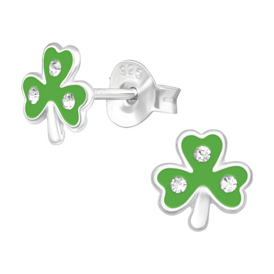 Children's Silver Clover Ear Studs with Crystal and Epoxy