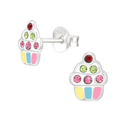 Children's Silver Cupcake Ear Studs with Crystal and Epoxy