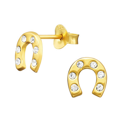 Children's Silver Horseshoe Ear Studs with Crystal