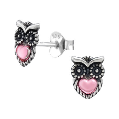 Children's Silver Owl Ear Studs with Plastic