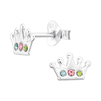 Children's Silver Crown Ear Studs with Crystal