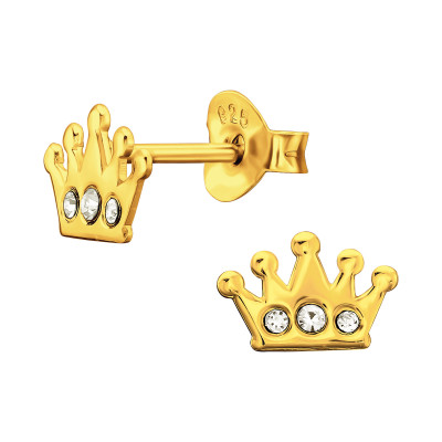 Children's Silver Crown Ear Studs with Crystal