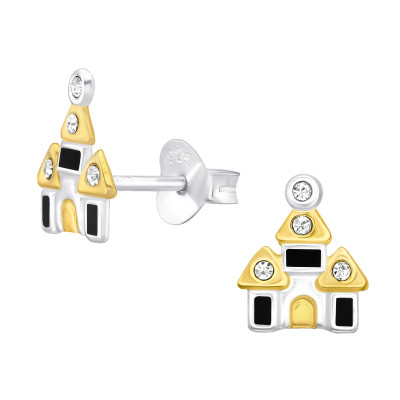 Children's Silver Castle Ear Studs with Crystal and Epoxy