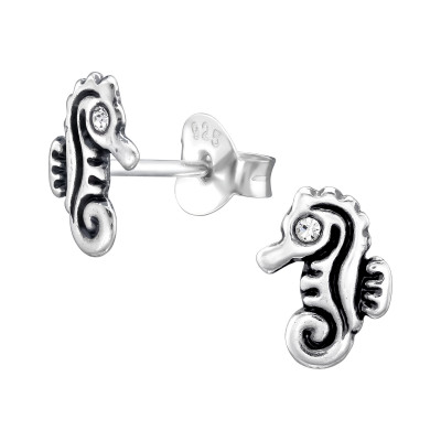 Children's Silver Seahorse Ear Studs with Crystal