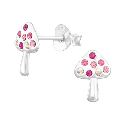 Children's Silver Mushroom Ear Studs with Crystal