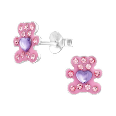 Teddy Bear Children's Sterling Silver Ear Studs with Crystal and Plastic Heart