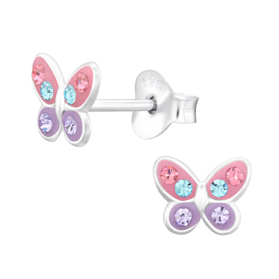 Children's Silver Butterfly Ear Studs with Crystal