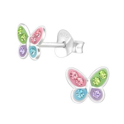 Children's Silver Butterfly Ear Studs with Crystal