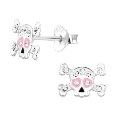 Children's Silver Skull Ear Studs with Crystal and Epoxy