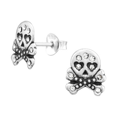 Children's Silver Skull Ear Studs with Crystal