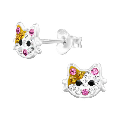 Cat Children's Sterling Silver Ear Studs with Crystal