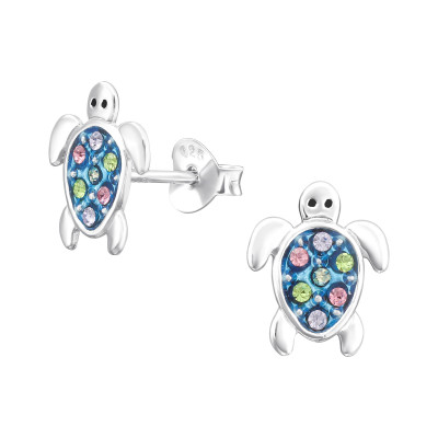 Children's Silver Turtle Ear Studs with Crystal and Epoxy