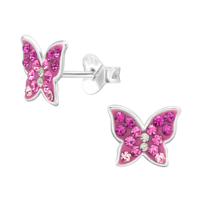 Children's Silver Butterfly Ear Studs with Crystal