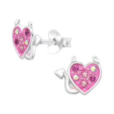 Children's Silver Devil Heart Ear Studs with Crystal and Epoxy