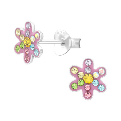 Flower Children's Sterling Silver Ear Studs with Crystal