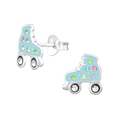 Children's Silver Roller Skates Ear Studs with Crystal and Epoxy