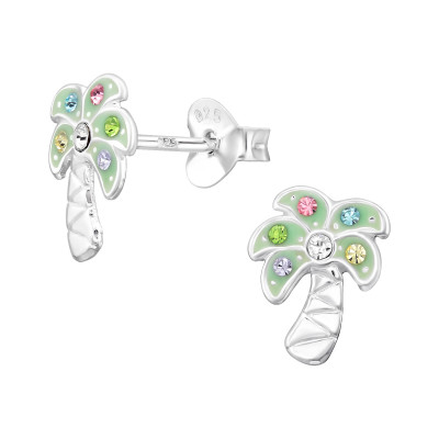 Children's Silver Coconut Tree Ear Studs with Crystal and Epoxy