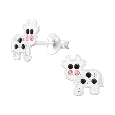 Cow Children's Sterling Silver Ear Studs with Crystal