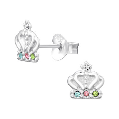 Children's Silver Crown Ear Studs with Crystal