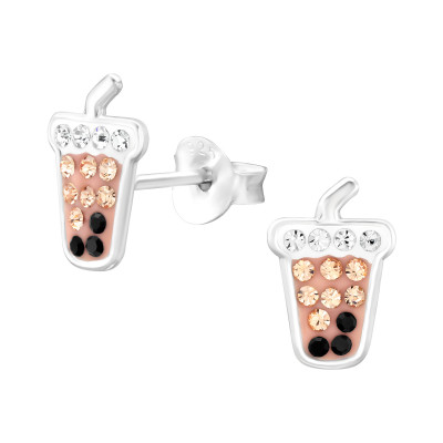 Bubble Tea Children's Sterling Silver Ear Studs with Crystal