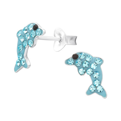 Dolphin Children's Sterling Silver Ear Studs with Crystal