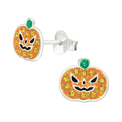 Children's Silver Pumpkin Ear Studs with Crystal and Epoxy