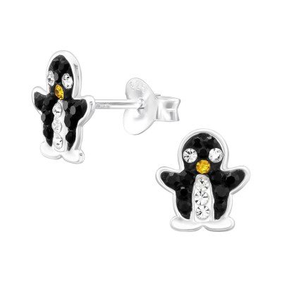 Penguin Children's Sterling Silver Ear Studs with Crystal