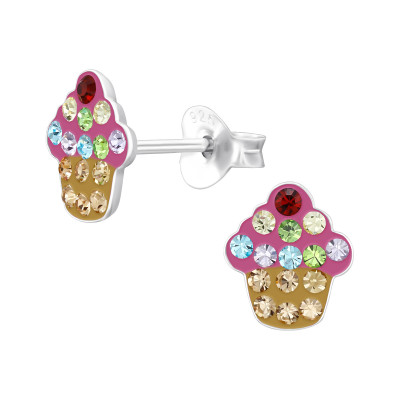 Cupcake Children's Sterling Silver Ear Studs with Crystal