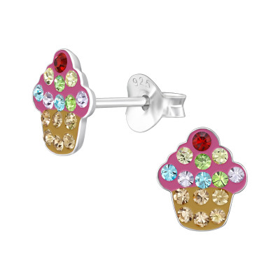 Cupcake Children's Sterling Silver Ear Studs with Crystal