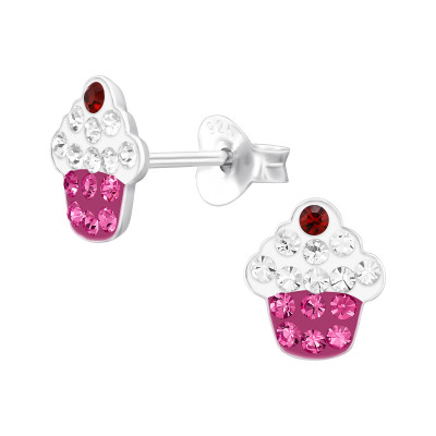 Cupcake Children's Sterling Silver Ear Studs with Crystal