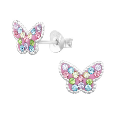 Butterfly Children's Sterling Silver Ear Studs with Crystal