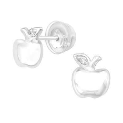 Premium Children's Silver Apple Ear Studs with Cubic Zirconia