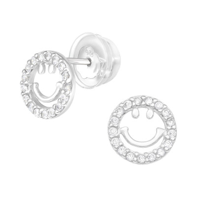 Premium Children's Silver Smile Ear Studs with Cubic Zirconia