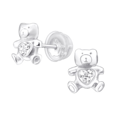 Premium Children's Silver Bear Ear Studs with Crystal