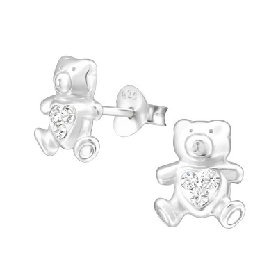 Children's Silver Bear Ear Studs with Genuine European Crystals