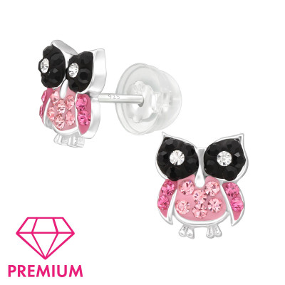 Premium Children's Silver Owl Ear Studs with Crystal