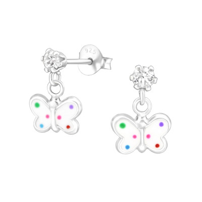 Children's Silver Ear Studs with Hanging Epoxy Butterfly and Genuine European Crystals