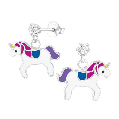 Children's Silver Ear Studs with Hanging Epoxy Unicorn and Genuine European Crystals