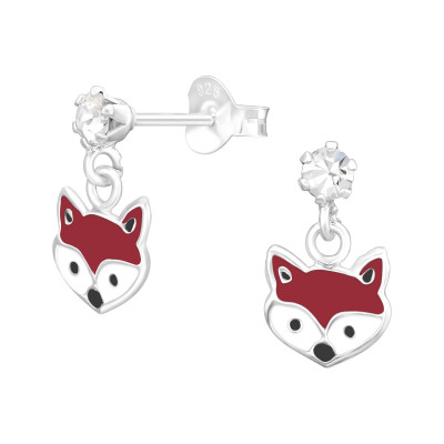 Children's Silver Ear Studs with Hanging Epoxy Fox and Crystal