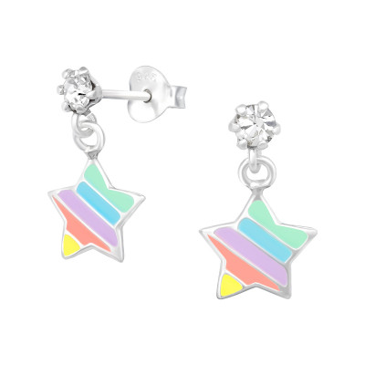 Children's Silver Ear Studs with Hanging Epoxy Star and Crystals