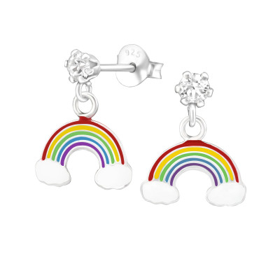 Children's Silver Ear Studs with Hanging Epoxy Rainbow and Genuine European Crystals