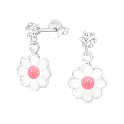 Children's Silver Ear Studs with Crystal and Hanging Epoxy Flower