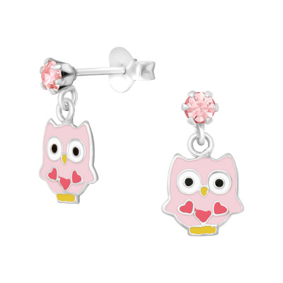 Children's Silver Ear Studs with Hanging Epoxy Owl and Crystal